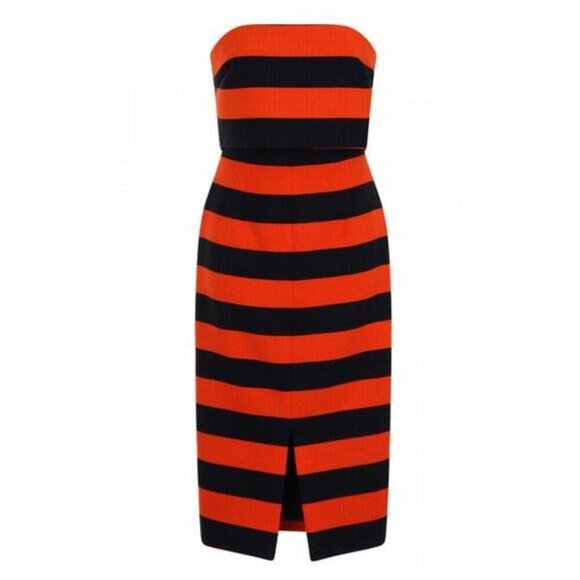 NWT LAVISH ALICE Bandeau Strapless Midi Fitted Dress Sz 4 Orange Navy Striped - Picture 2 of 7